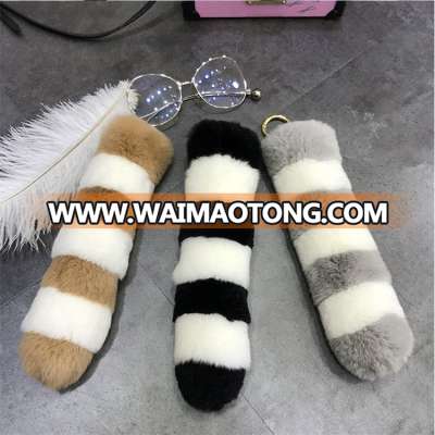 Large Real Rex Rabbit Fur Tail keychain Fur Tassel Car Key ring Bag Charm Tag Pompom Keychain Fashion Stripe Tail