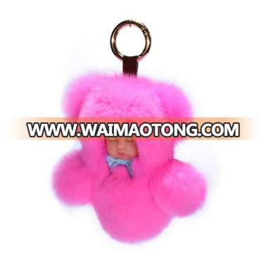 Cute Sleeping Baby KeyChain Doll Rex Rabbit Fur Fluffy Pom Pom Baby Bag Charm Keyrings