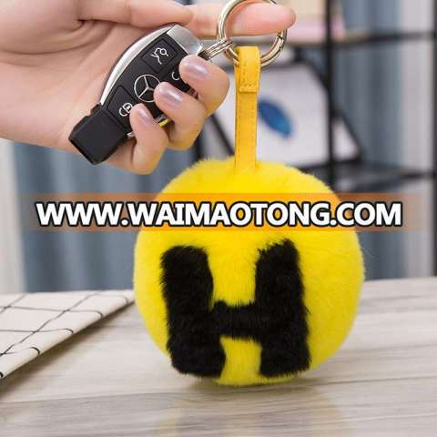 2018 New promotional products Multicolor Fur Pom Poms Charms Letter Logo Keychains Keyring